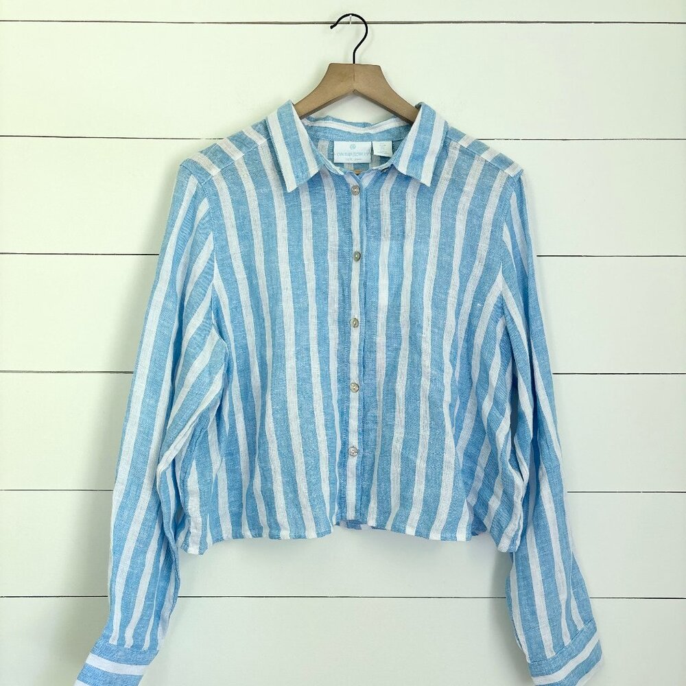 NWT Cynthia Rowley linen blue and white striped button down sz large